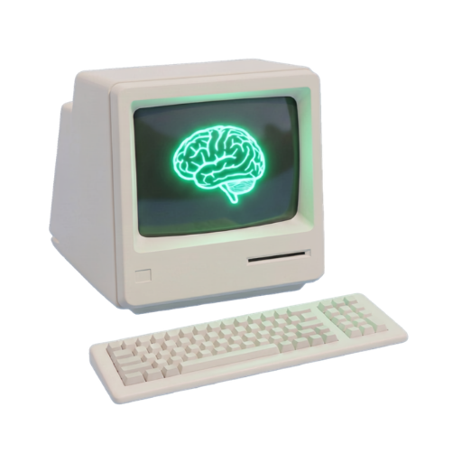 Vintage CRT computer with a brain on top representing marketing intelligence